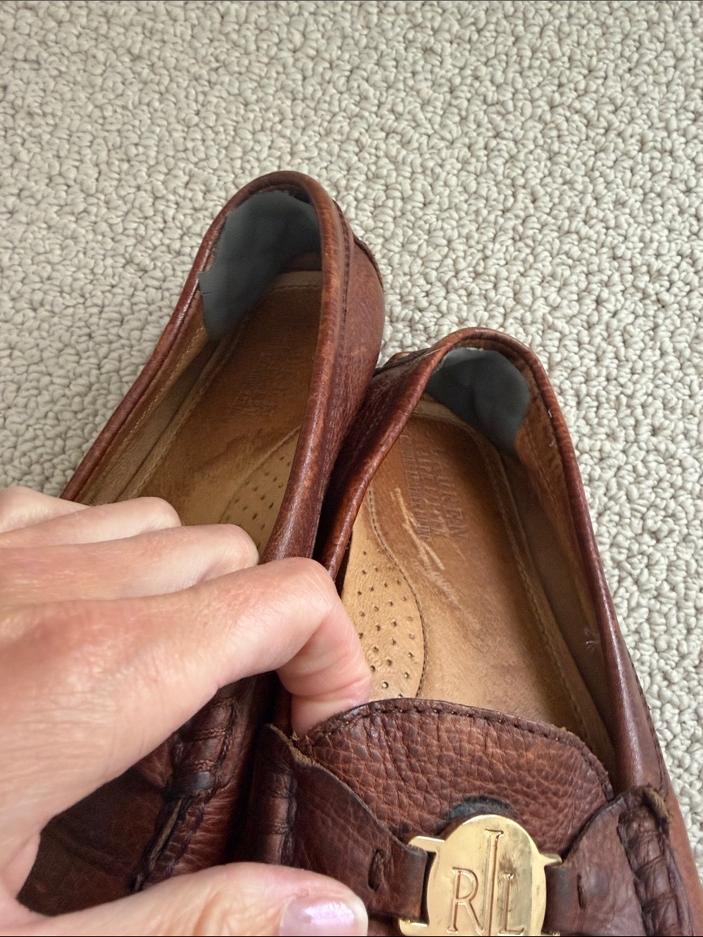 Ralph Lauren Brown Pebbled Leather Penny Loafers with Gold RL Medallion, 7 - Picture 5 of 7